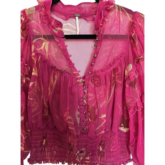 Free People Time For Shine Mesh Cropped Smocked Pink Purple Floral Blouse Top L - Picture 8 of 11